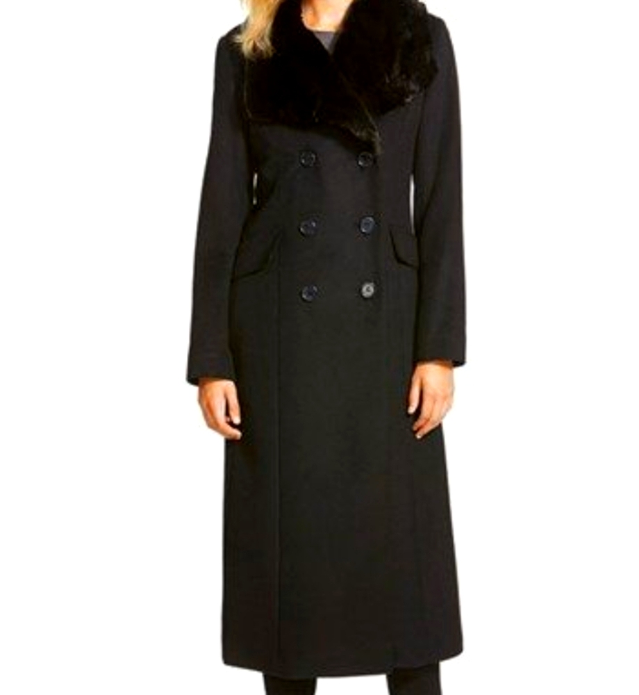 DKNY long wool blend coat with faux fur collar
